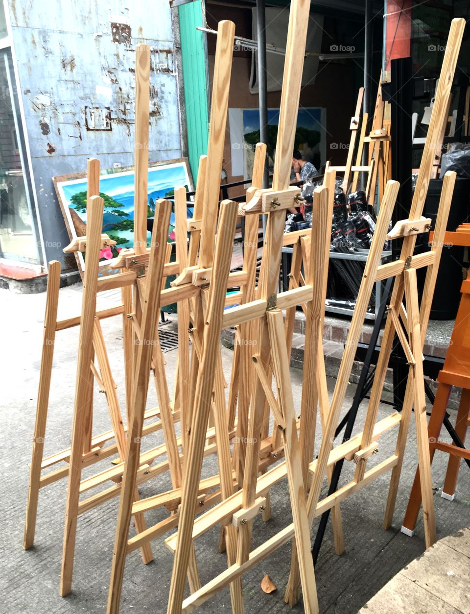 Artists Easels at Dafen Oil Painting Village in Shenzhen, China