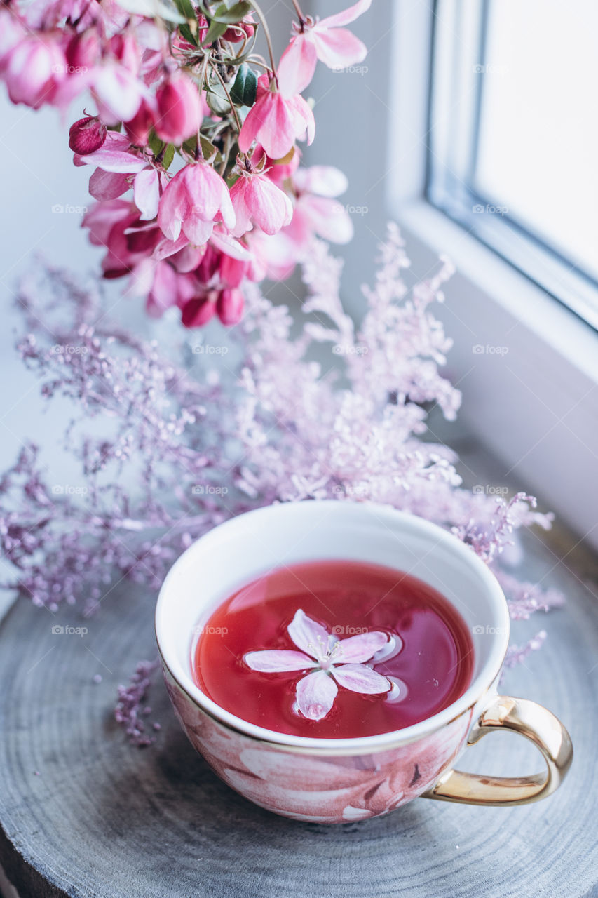 Spring flowers and decorating flatlay 