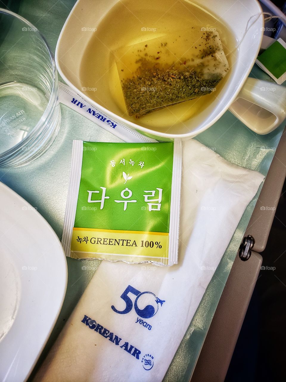 Korean green tea served as in-flight meal accompaniment on Korean Air. Light refreshment.