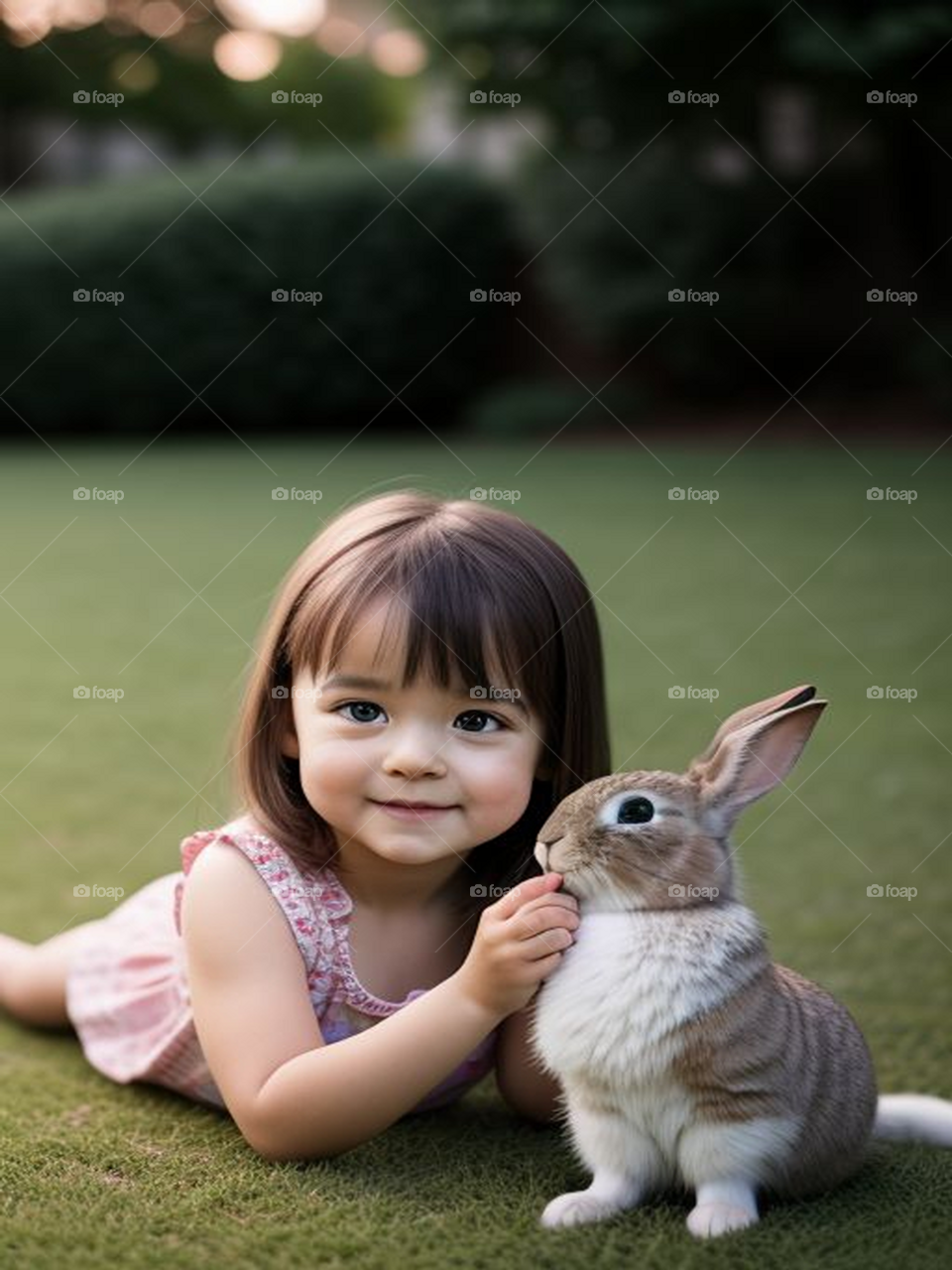 Beautiful baby girl playing with cute rabbit