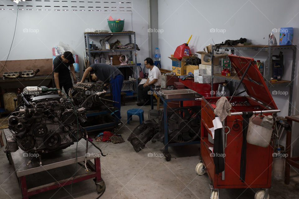 Inside the garage for fixing the engine car