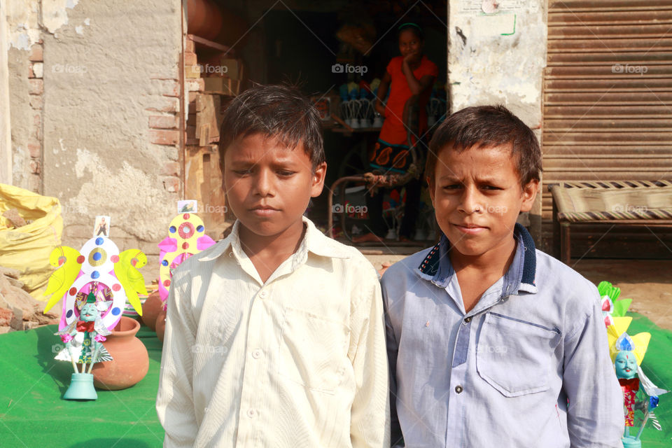 Two Indian village boys portrait, Agra, Uttar Pradesh, India