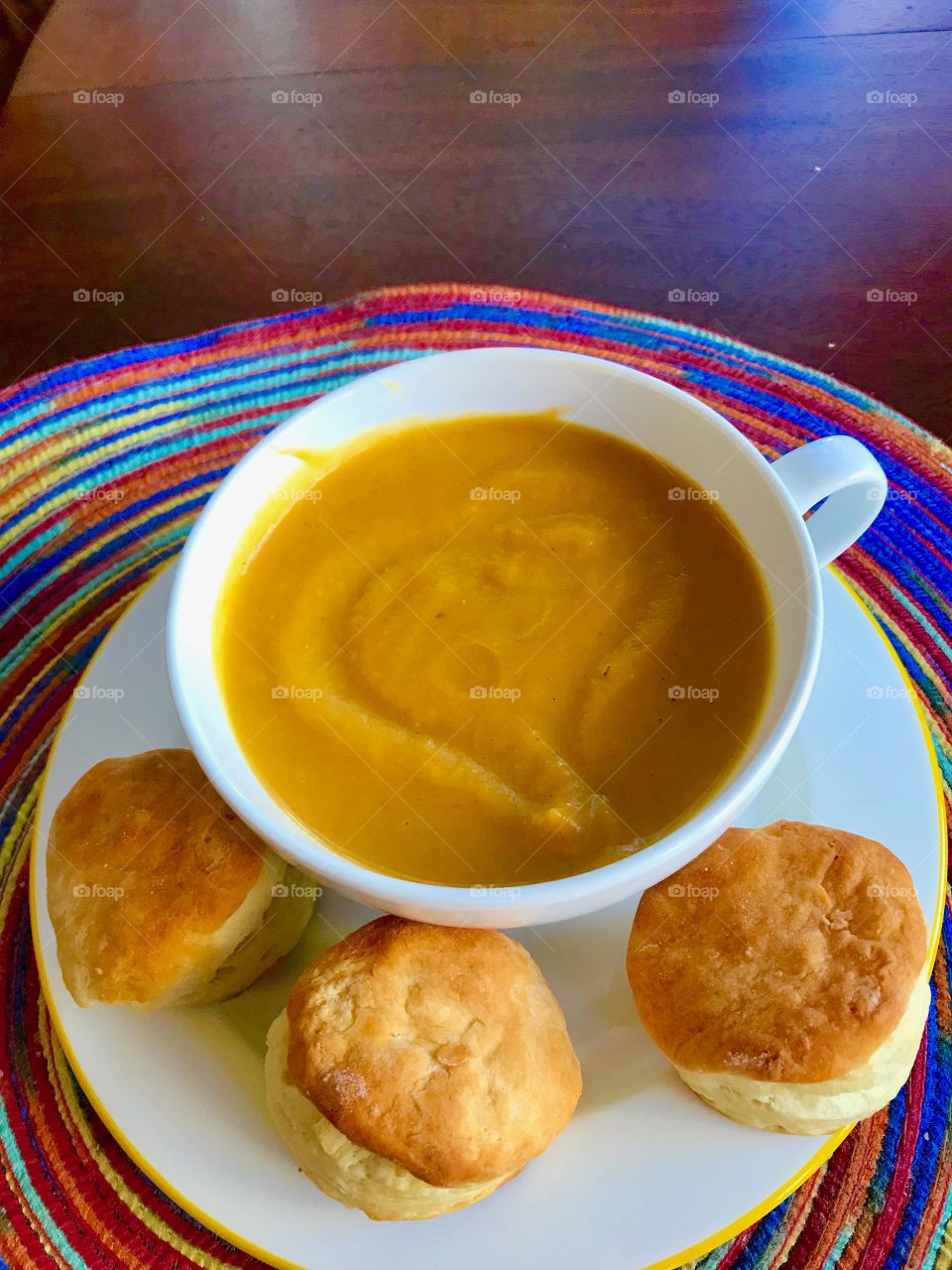Happy Thanksgiving! Butternut squash bisque with homemade biscuits!