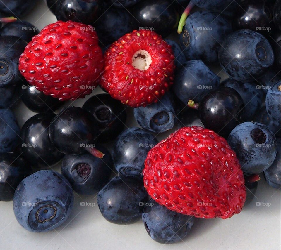 Blueberries,wild strawberries. Picked blueberries and wild strawberries