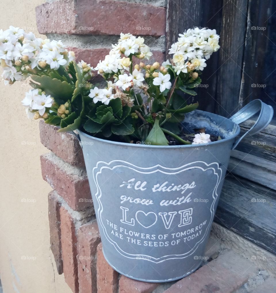 white flowers in a metallic vase with a love message