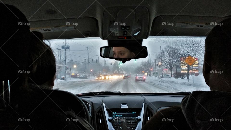 passenger during a snow storm