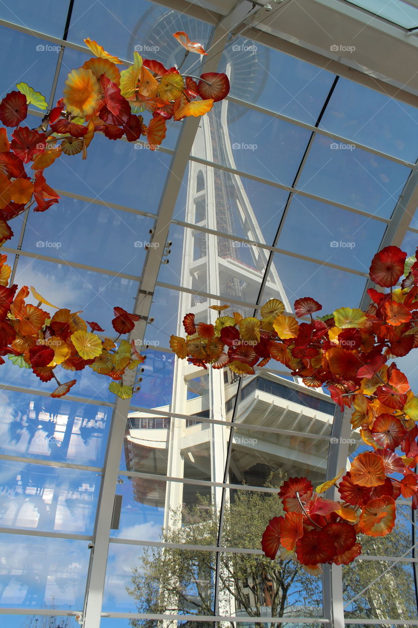 Space Needle through Chihuly Glass Indoor Garden 
