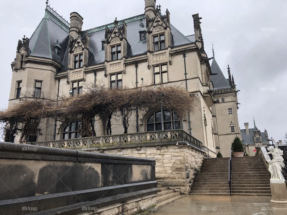 The Biltmore Mansion in Asheville, NC. Exterior shot on a cold overcast day.