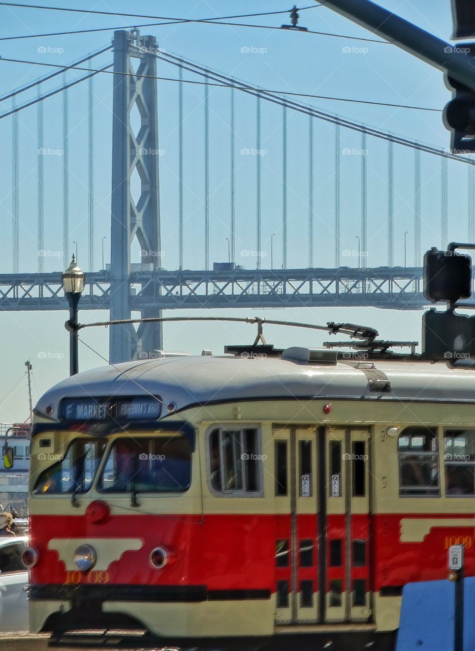 City Bus In San Francisco. Colorful Restored Mid-Twentieth Century Vintage Streetcar In San Francisco
