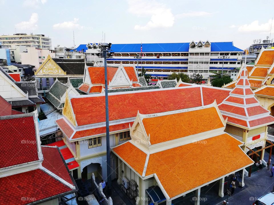 typical colorful roofs of Bangkok houses in Thailand