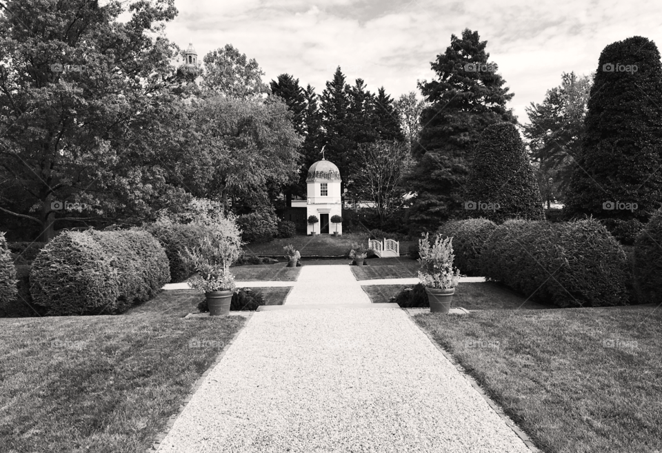 Black and white photo of an estate garden. Gravel walkway with a small white building at the end. Green hedges. 