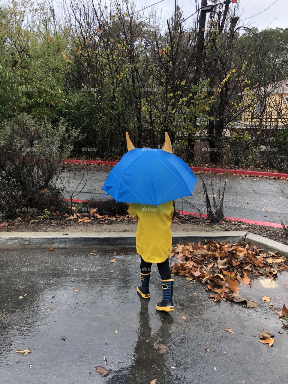 Boy walking in the rain