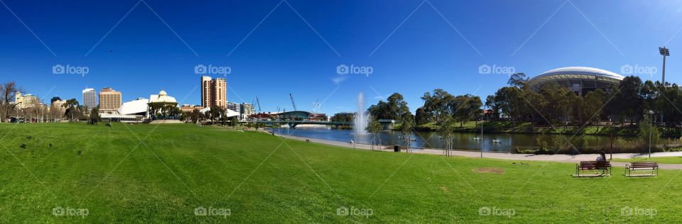 Adelaide Festival Theatre. Adelaide festival theatre river Torrens and Adelaide oval surrounding Elder Park. 