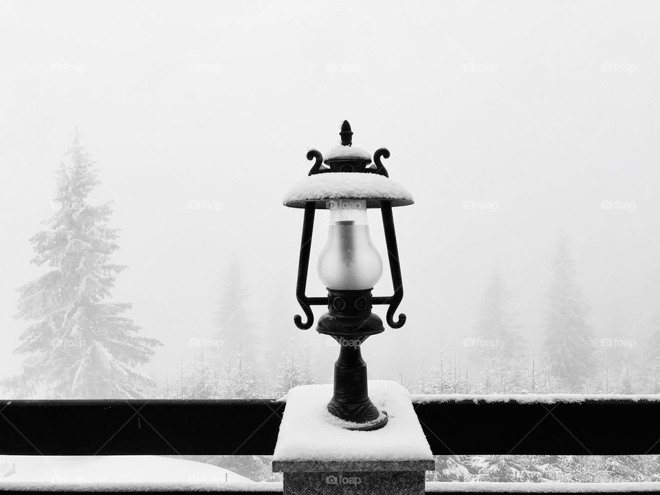 Lamp covered in snow