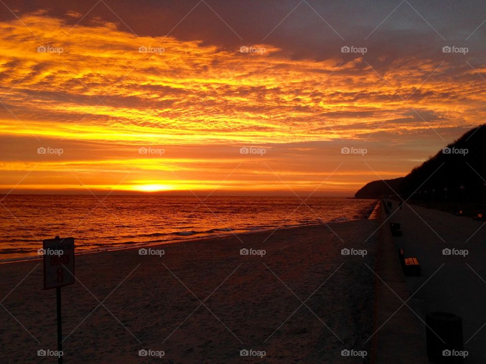 Yellow sunrise over the Baltic Sea Gdynia Poland 