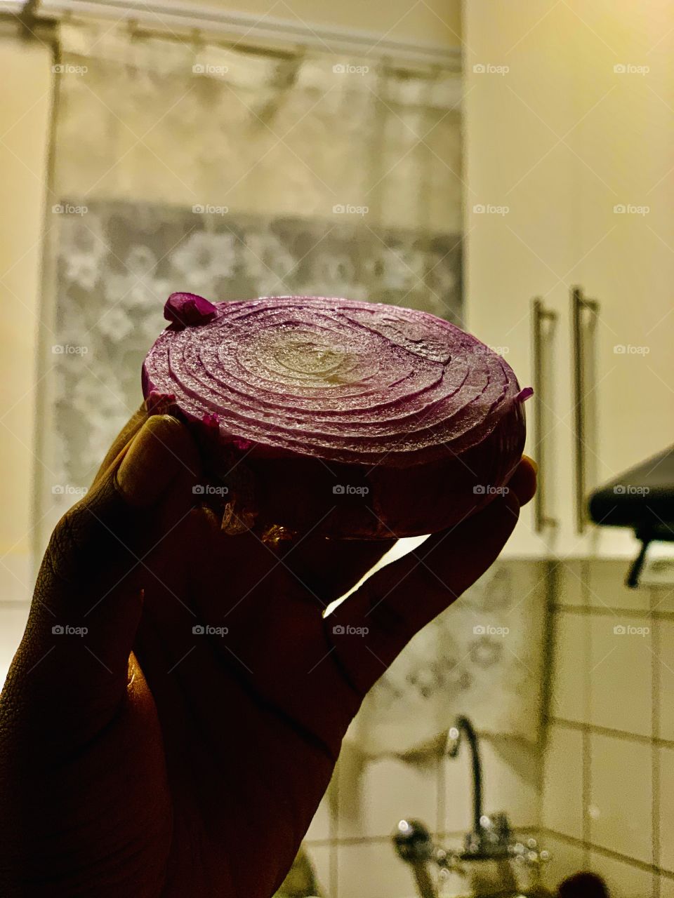 A freshly cut juicy red onion in the reflection of the kitchen light. 