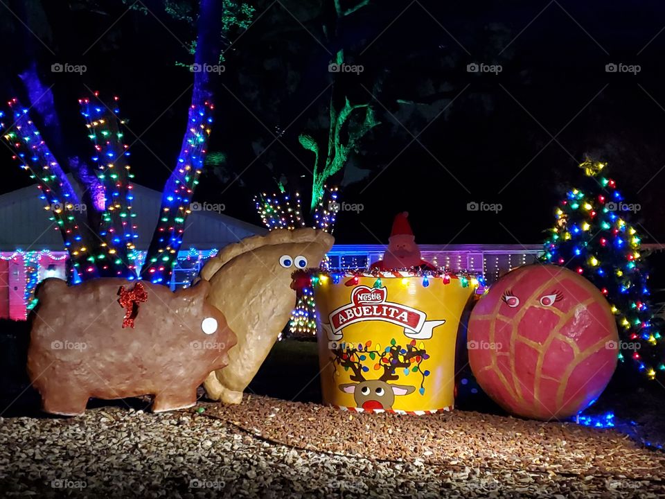 Mexican sweets themed large christmas decorations!  A cookie, sweet empanada, Abuelita hot chocolate and sweet bread.