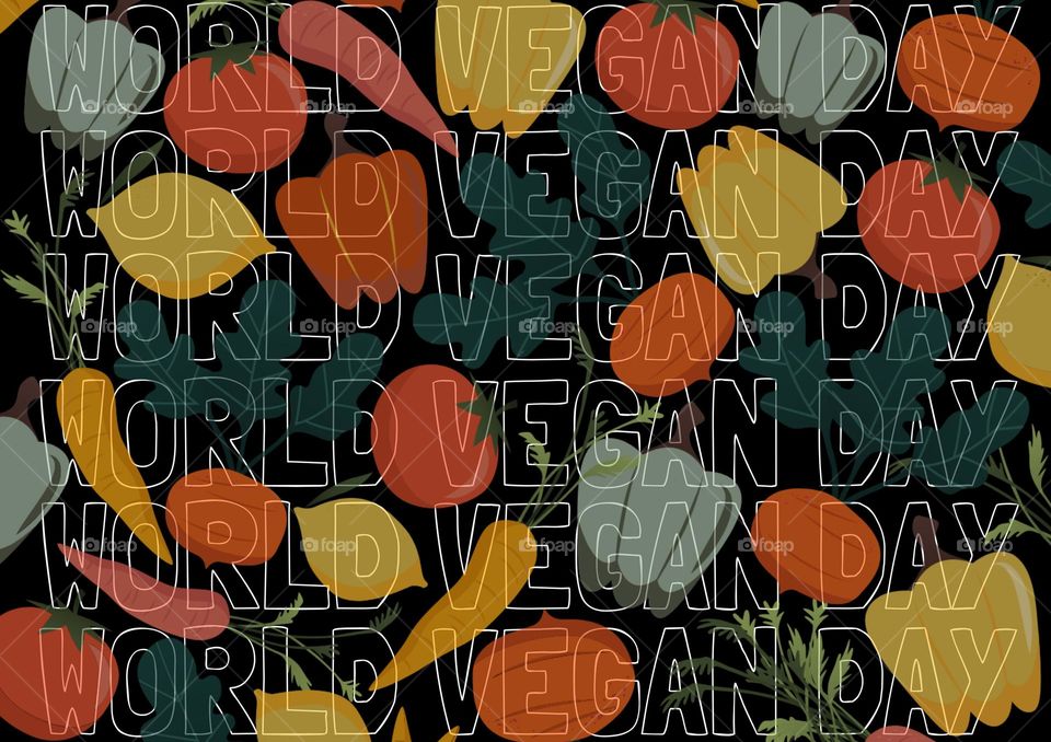 Image of Full frame shot of world vegan day text on multi colored vegetables
