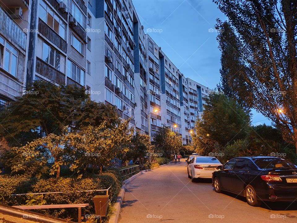 blue hour evening in urban area