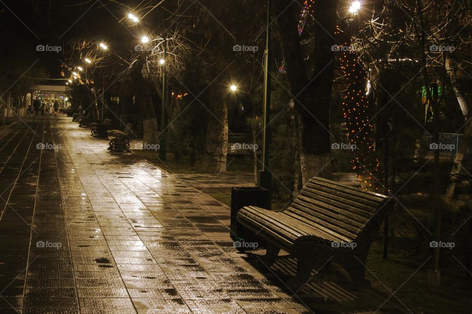 Wooden bench in the park illuminated by lanterns