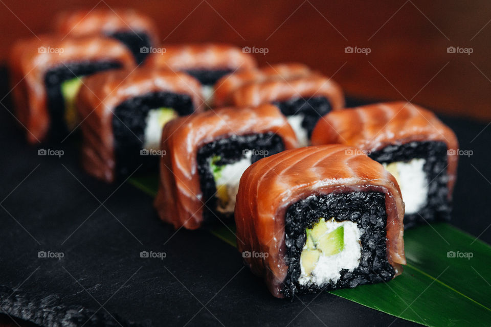 rolls with salmon and blavc