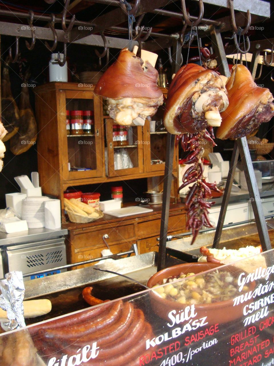 Budapest Food Festival. Pork knuckles on display at a food stall in Budapest