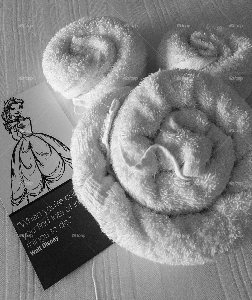 Welcoming committee - waiting for us on our bed is a fun Mickey Mouse towel decoration and a note from Princess Belle. 