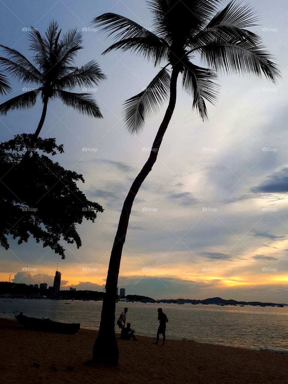 Last sunset over the sea and palm trees