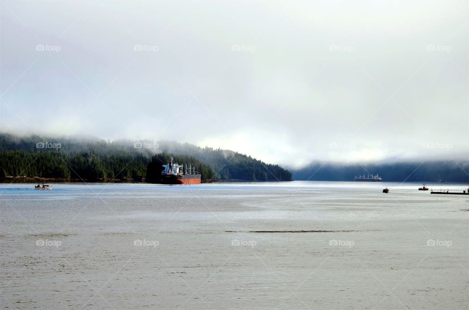 Vessel at anchor near Prince Rupert city in the British Columbia, Canada