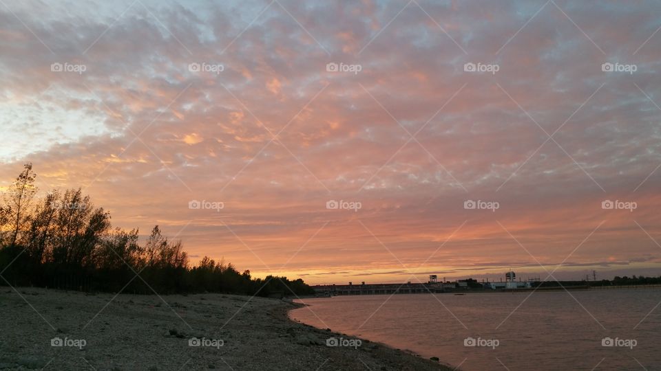 sunset, river, beach, orange sky, evening, day off, end of summer, landscape, clouds, uotdoor, Danube, big river, stones