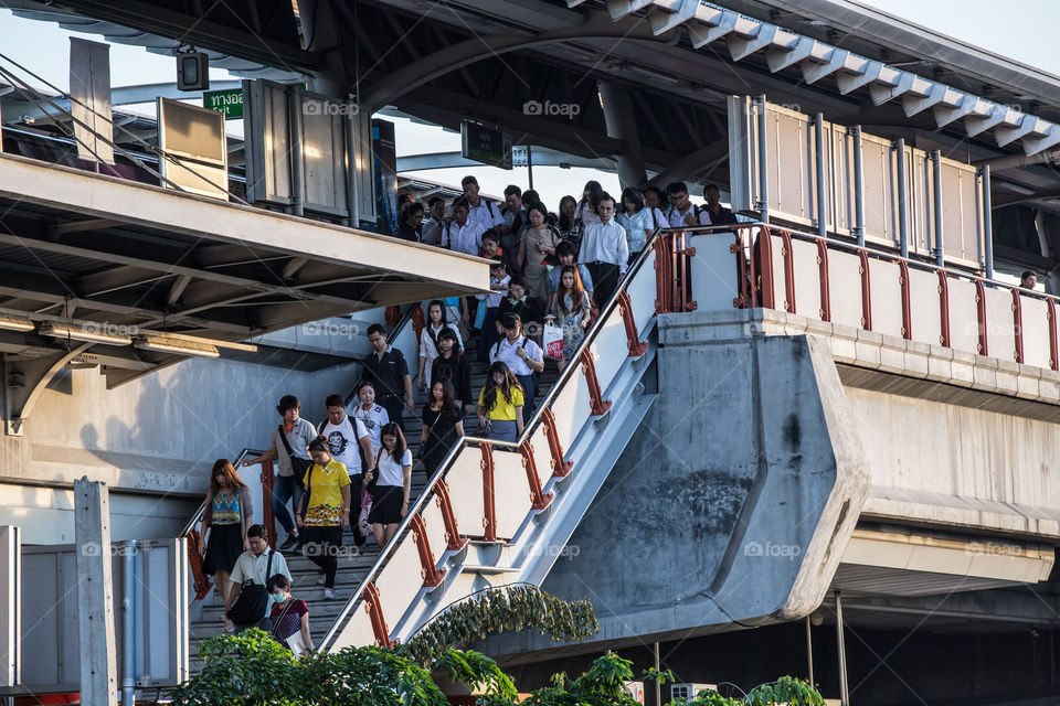 Stairway of the BTS public train in the rush hour in Bangkok Thailand 