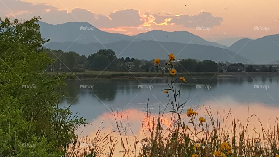 mountain lake at sunset
