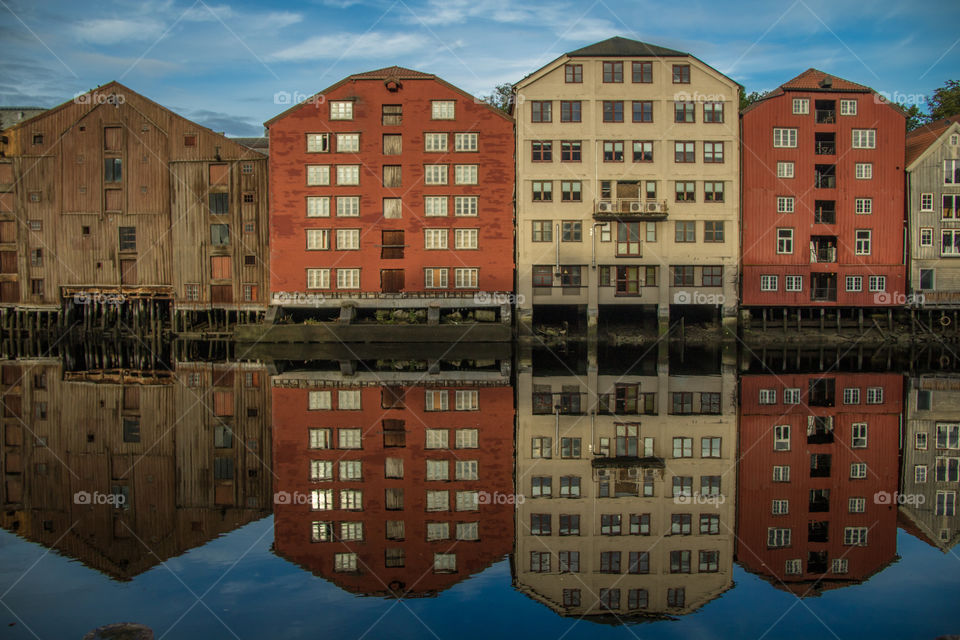 The warehouses are reflected in the early morning light