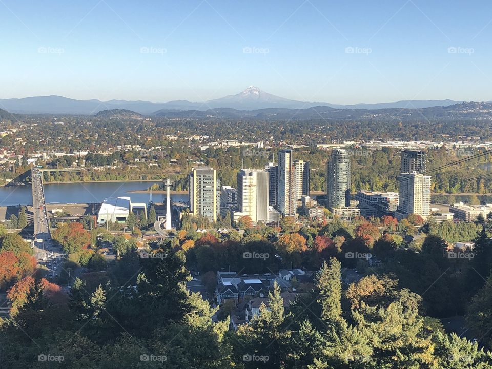 Mountain and city view from the Portland aerial tram on a bright and colorful autumn day. 