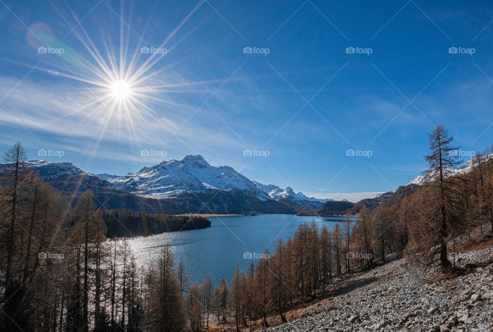 A sun star over a lake in switzerland with a almost clear sky