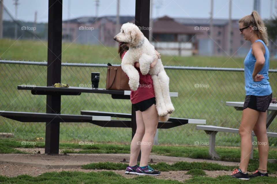Woman carrying a big dog