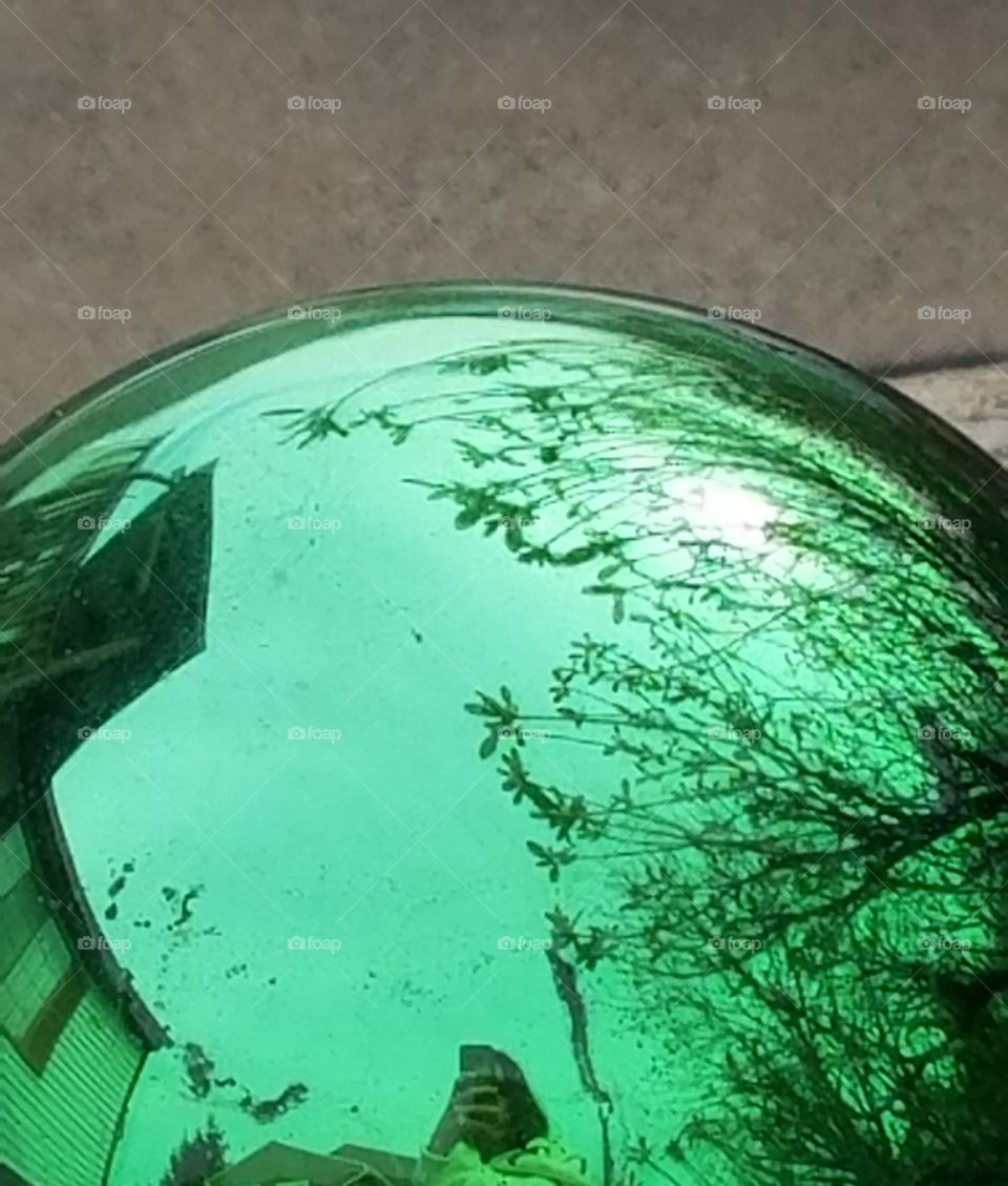 reflection of photographing a picture in a gazing ball