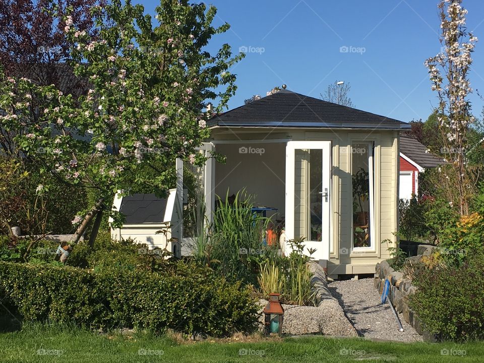 A white, Cream coloured wooden shed in a summer garden. An idyllic "She shed"