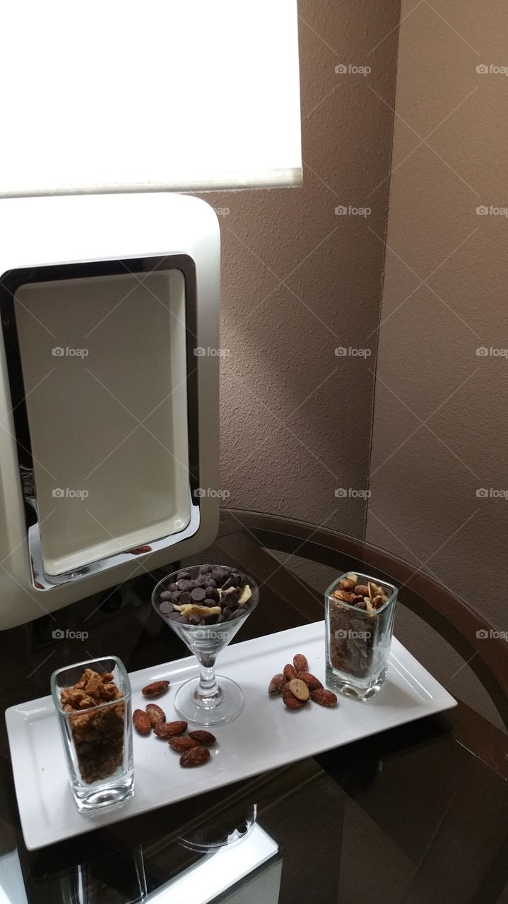 Snacks. Stay at Sheraton Hotel with nuts.
