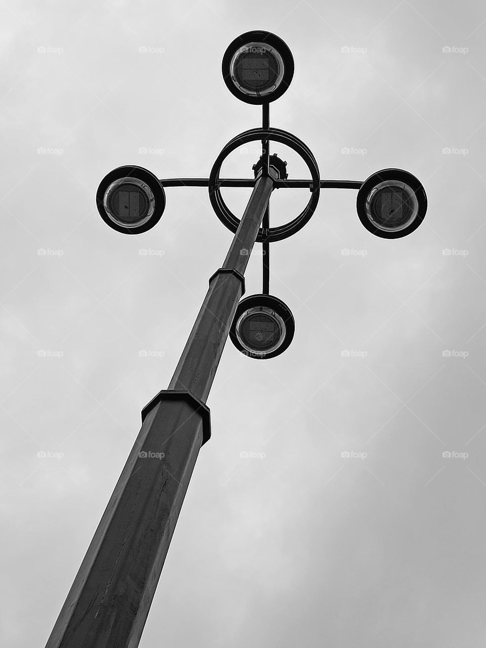 Black and white high angle view of a street lamp