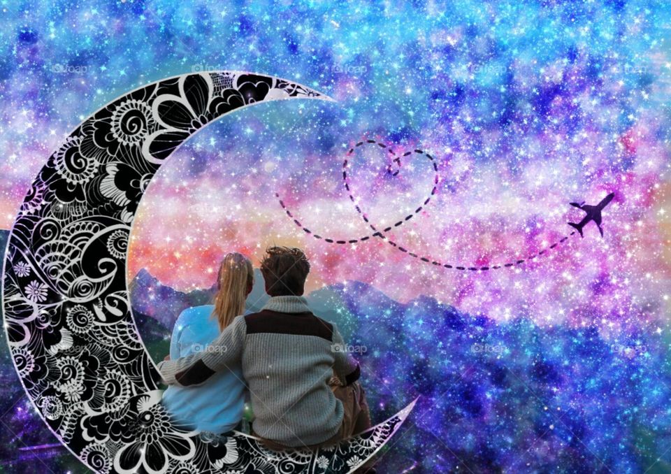 A beautiful art in which a couple is sitting on moon.