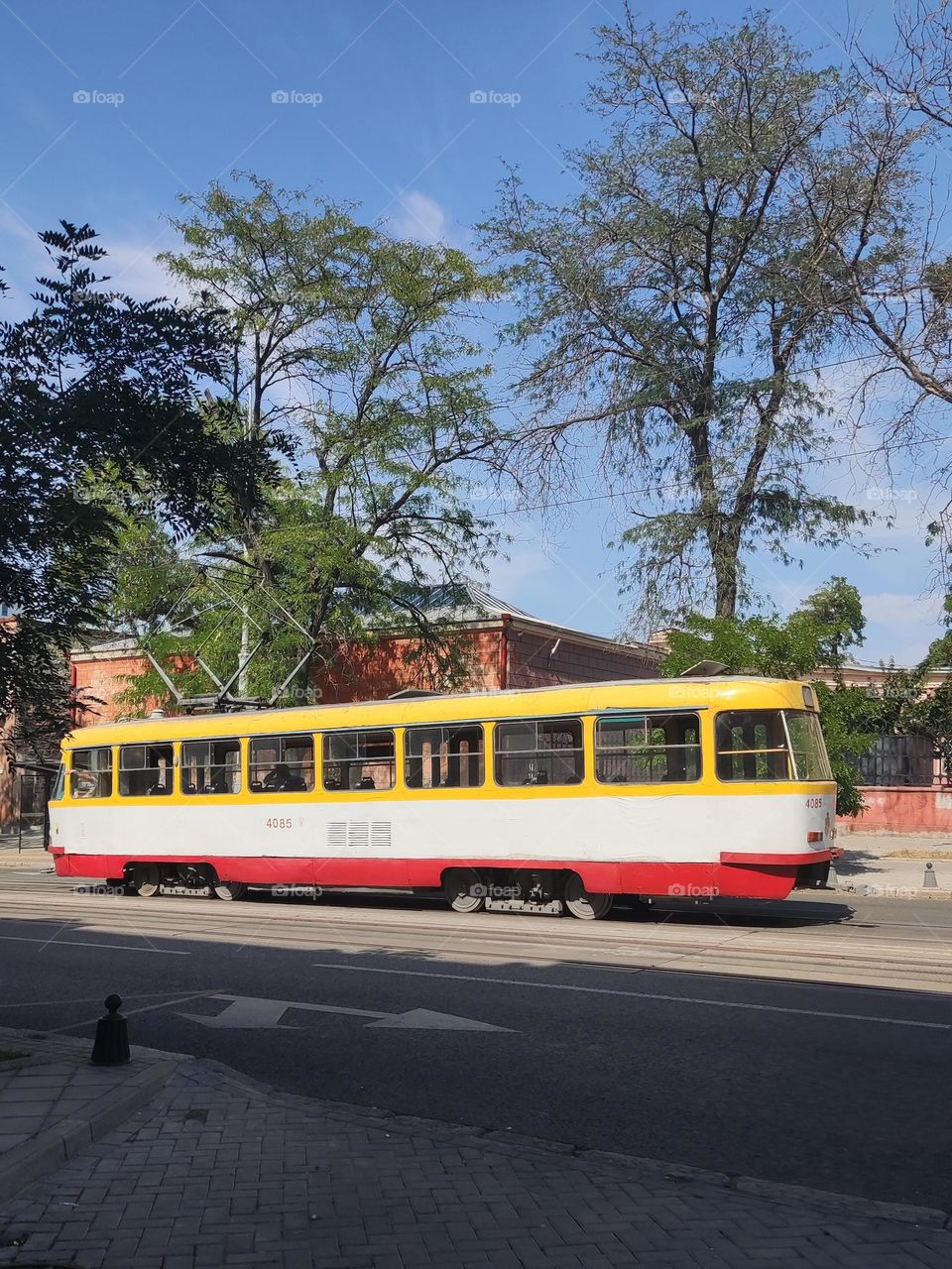 Empty tram goes to the depot. It's the end of working day.