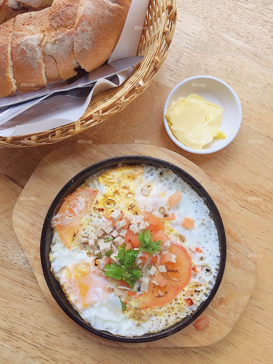 Vietnamese street food, egg pan or kai ka ta. Fried egg in Vietnamese style. Top view.