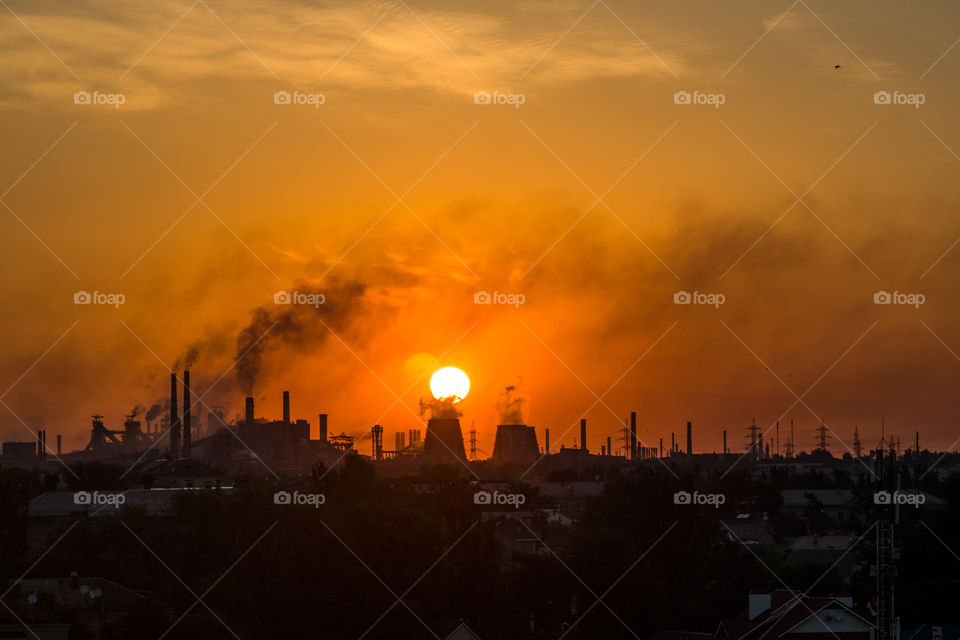 Industrial sunsent over factories zaporizhzhya, Ukraine