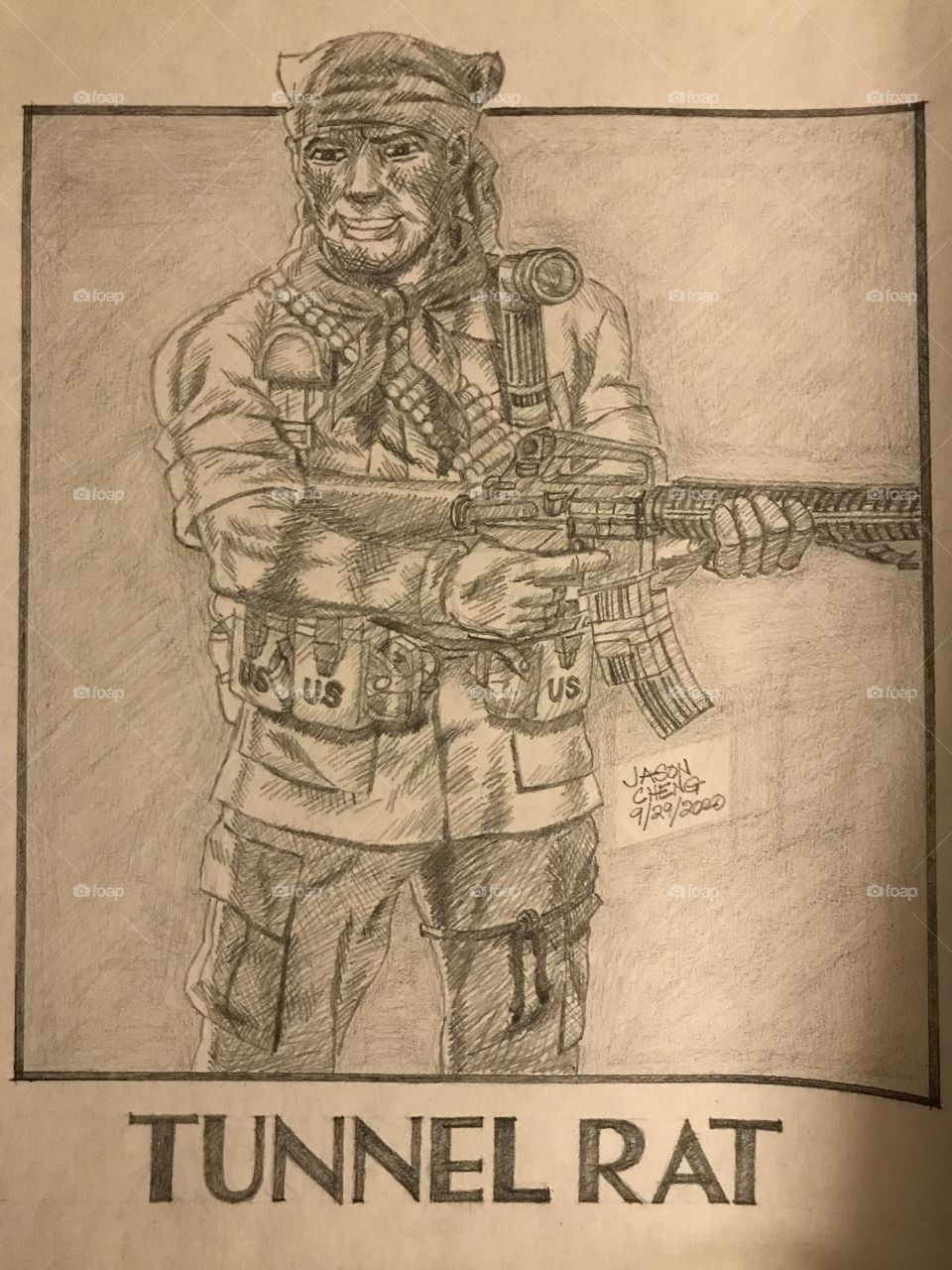 Tunnel Rat from GI JOE: A REAL AMERICAN HERO. This detailed pencil illustration depicts him in his military gear and armed a M16A2.