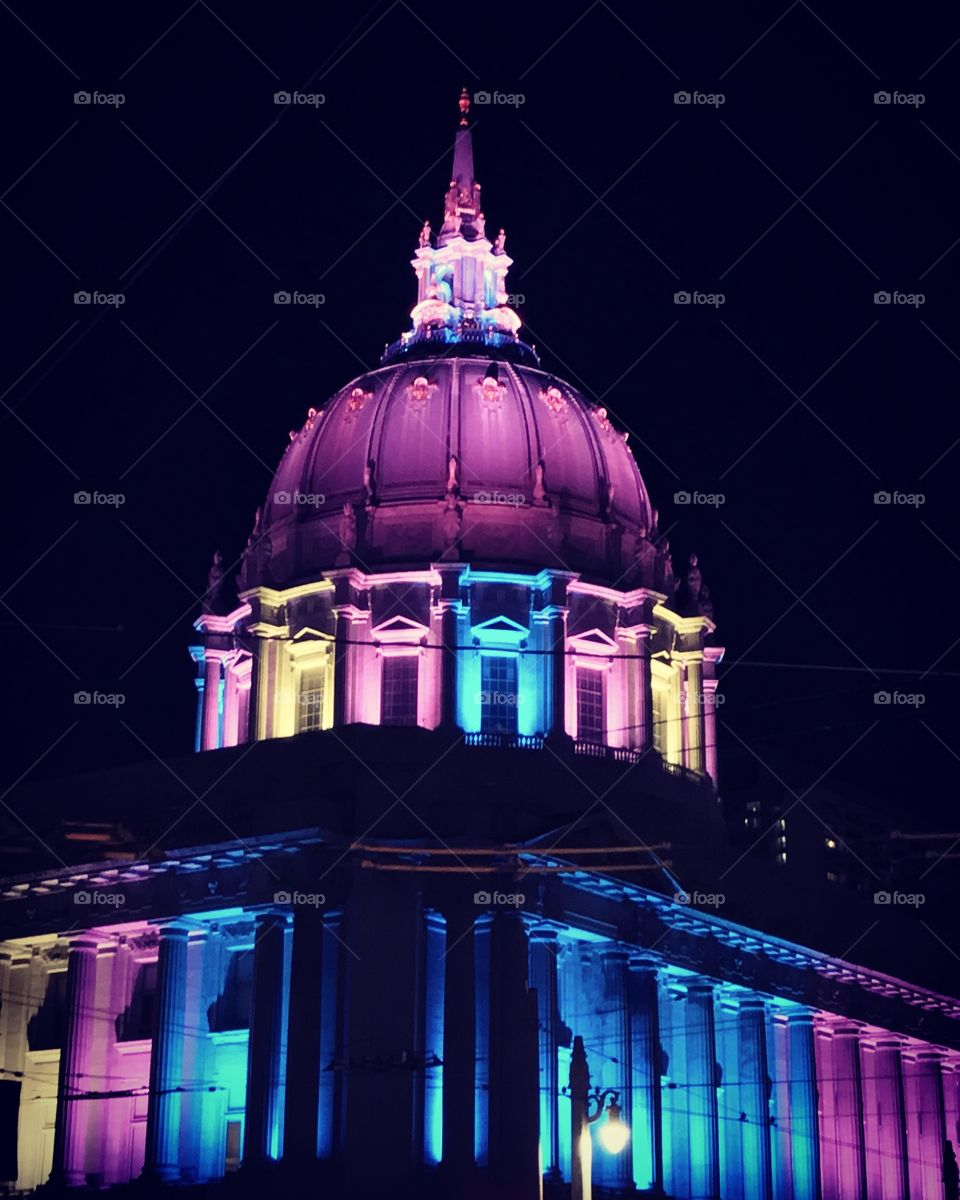San Francisco City Hall Lights for transgender youth rights, transgender flag