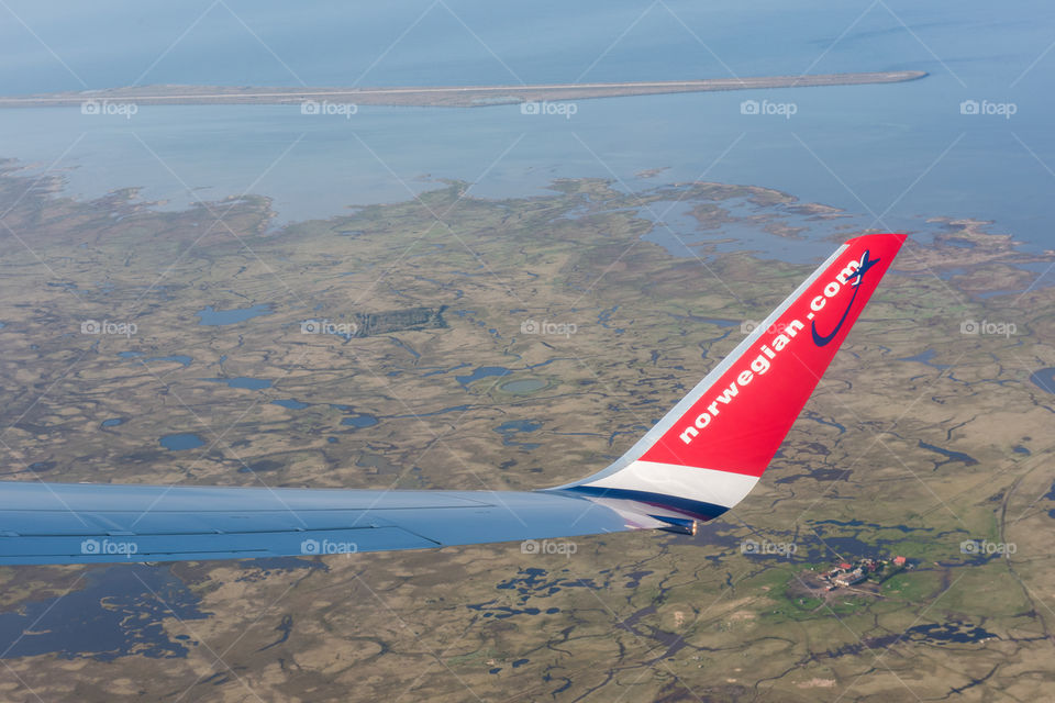 View from airplane window. Landscape over Öresund between Denmark and Sweden.