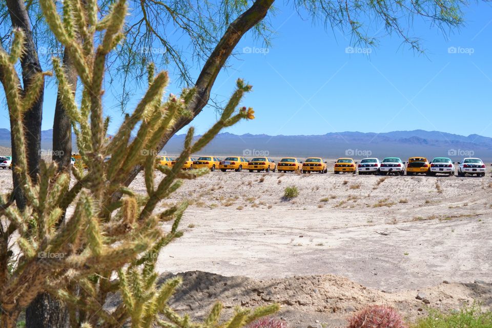 Taxi cars in a row  in a desert 