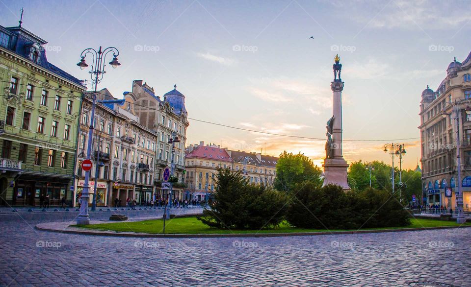 sunset in the Lviv city center on the square