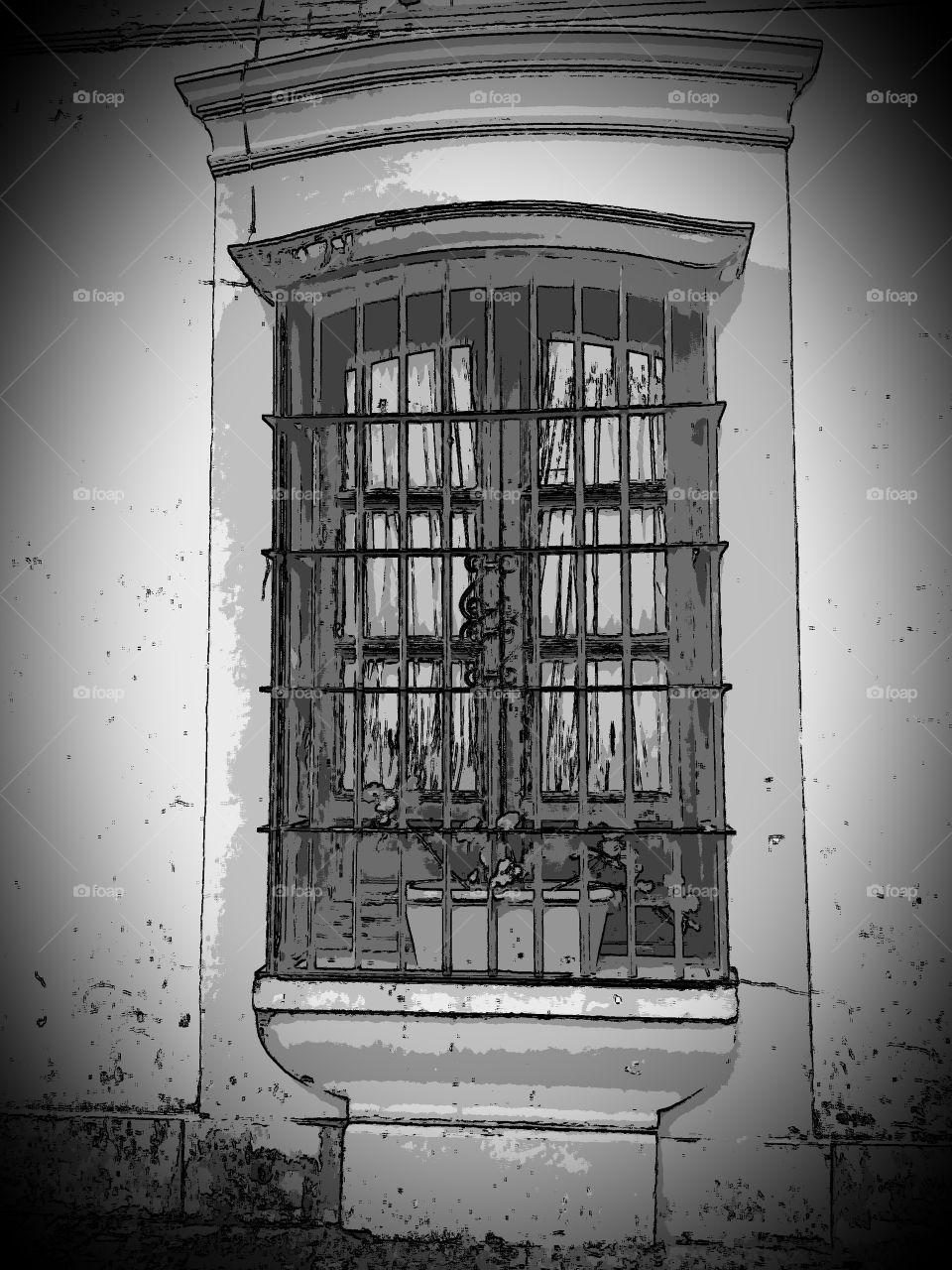 antiguo ventanal de madera con rejas de hierro originales con una maceta y un malvón como decoración.
